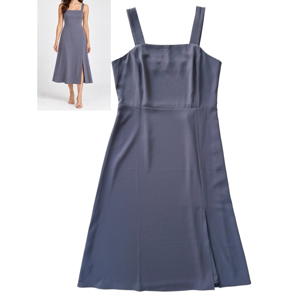 LOFT Square Neck Fit & Flare Midi Dress Sleeveless Gray Blue Size 6 Minimalist